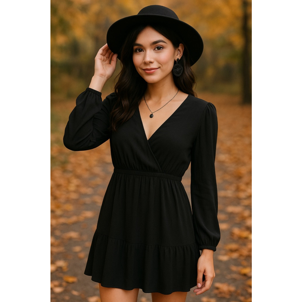 & Other Stories Black V- Neck Dress Long Sleeve Mini Dress Size 4